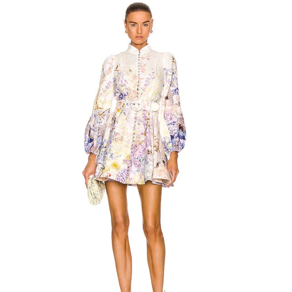 Zimmermann Rhythmic Belted Embellished Floral-print Linen Mini Dress - White